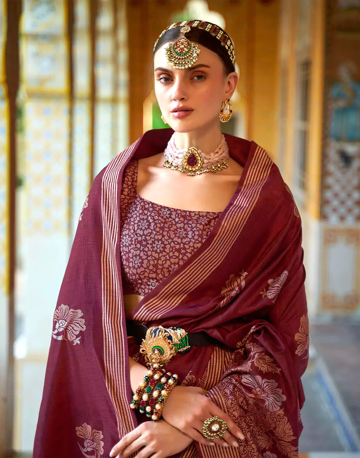 Image of Maroon Floral Print Banaras Silk Designer Saree