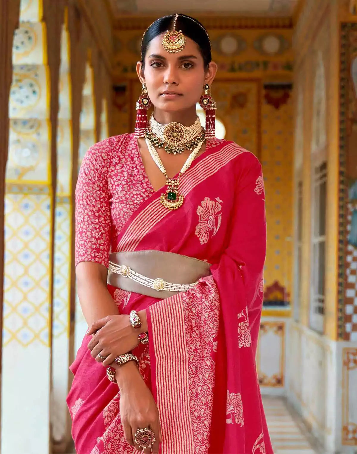 Image of Dark Pink Banaras Silk Floral Print Saree