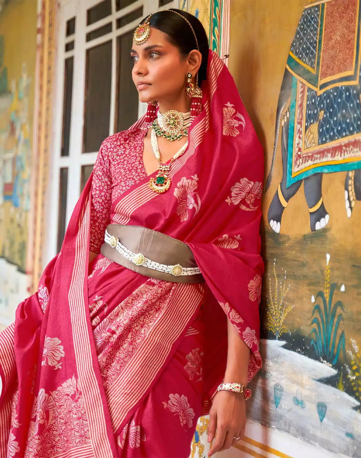 Image of Dark Pink Banaras Silk Floral Print Saree