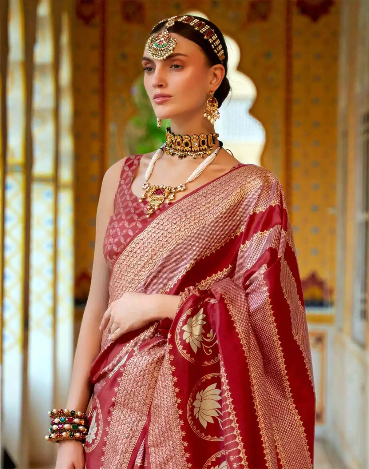 Image of Graceful Maroon Floral Banaras Silk Fancy Saree