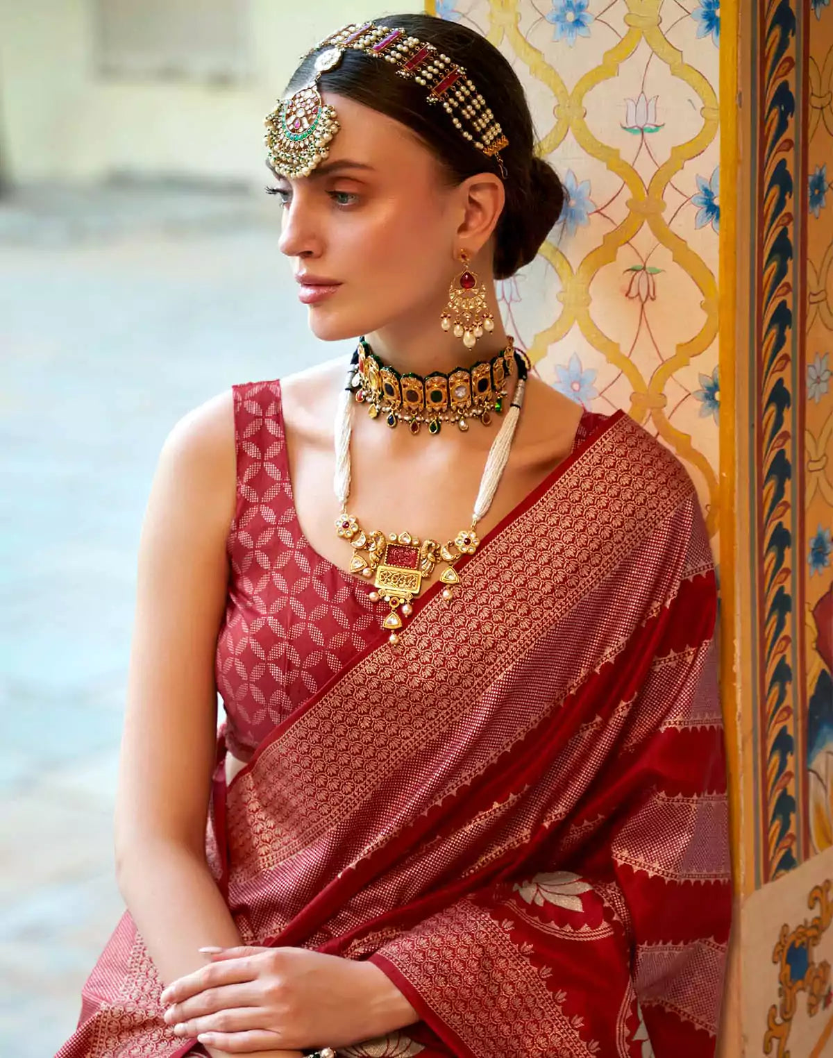 Image of Graceful Maroon Floral Banaras Silk Fancy Saree