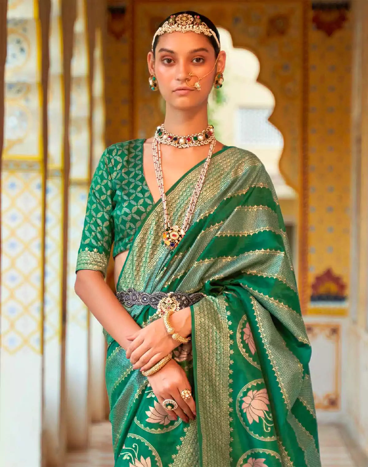 Image of Green Foil Printed Banaras Silk Saree