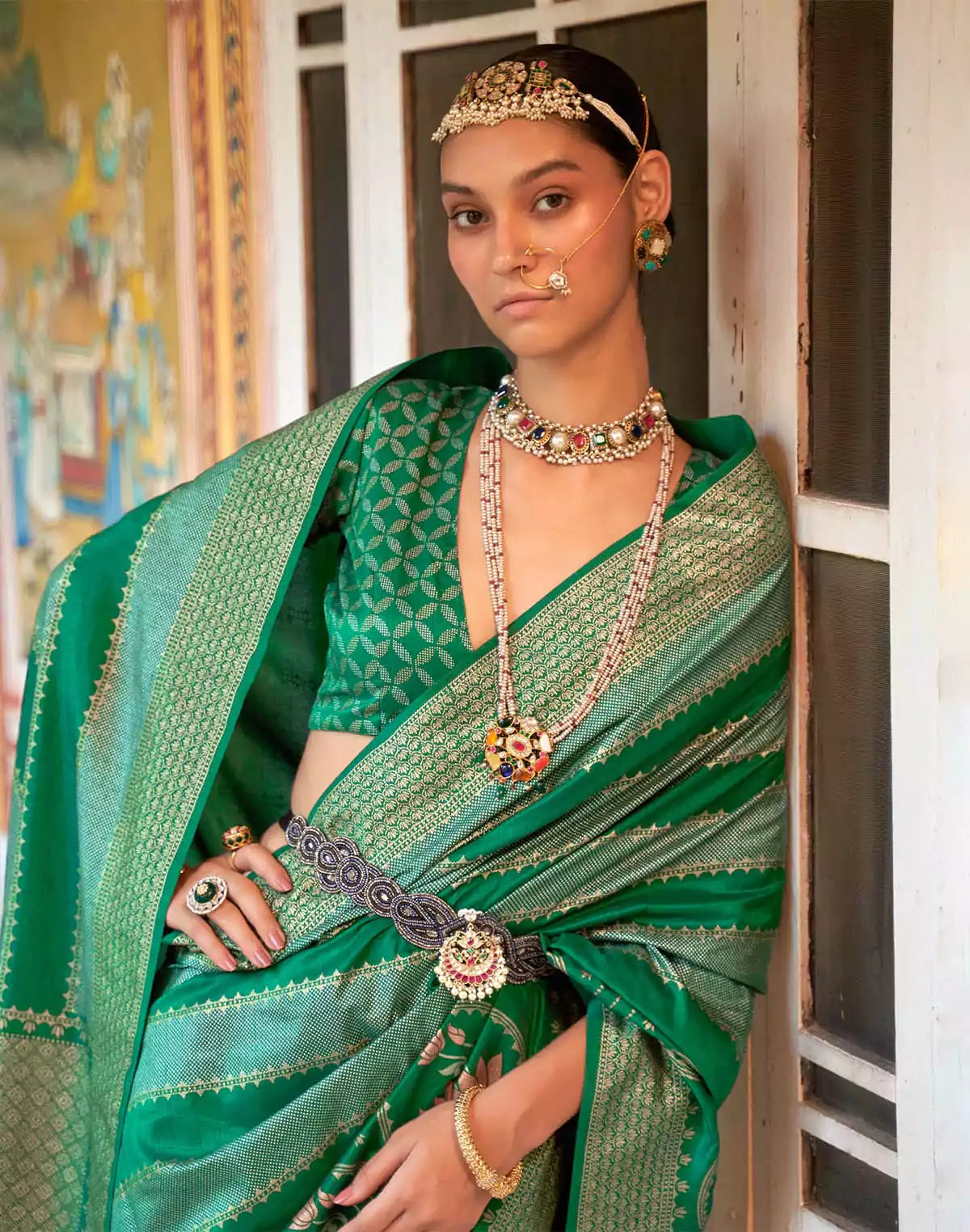 Image of Green Foil Printed Banaras Silk Saree