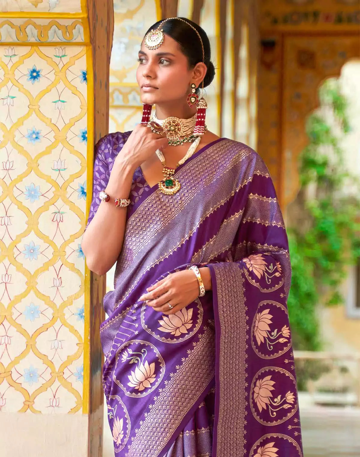 Image of Floral Print Banaras Silk Saree in Purple