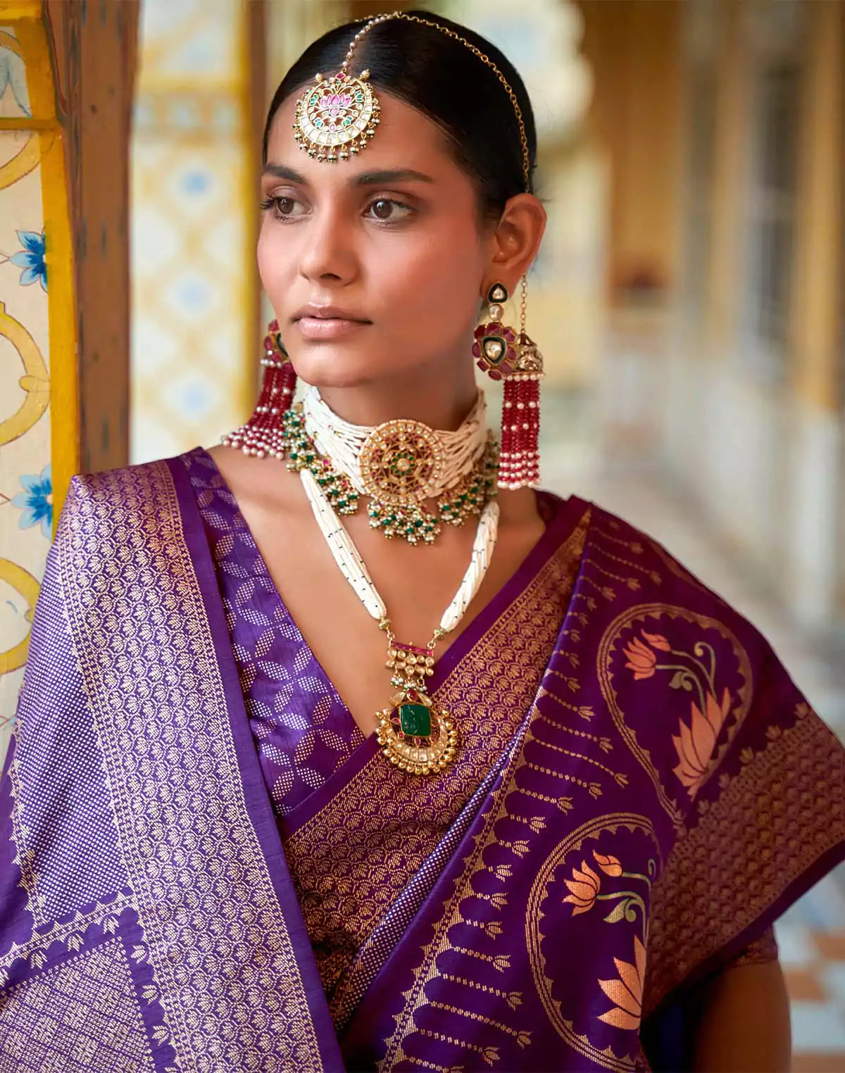 Image of Floral Print Banaras Silk Saree in Purple