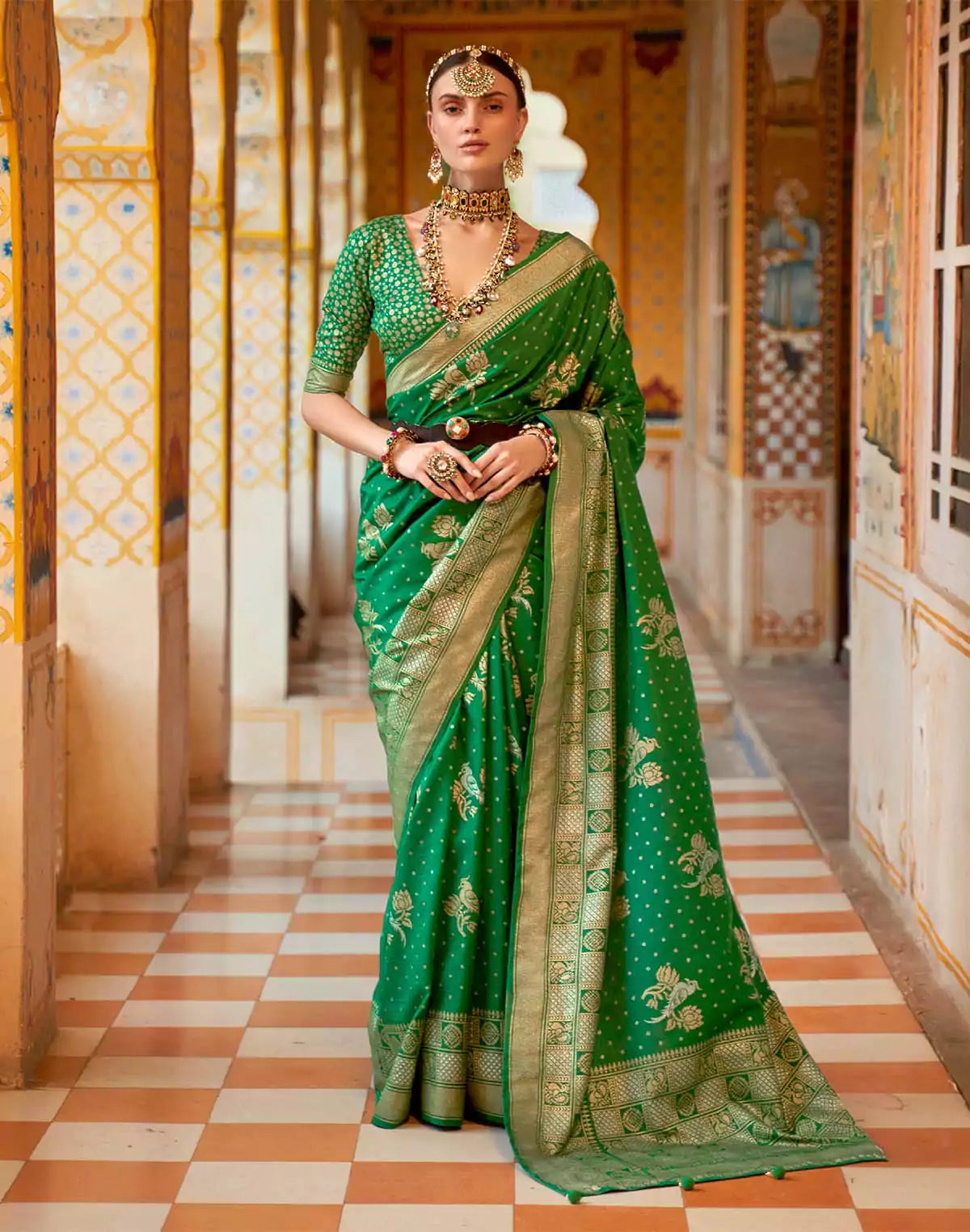 Image of Green Coloured Smooth Banaras Silk Woven design Saree
