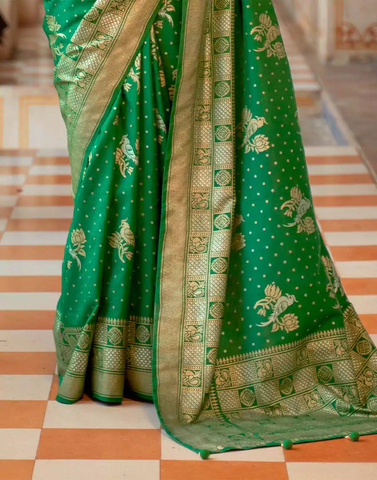 Image of Green Coloured Smooth Banaras Silk Woven design Saree