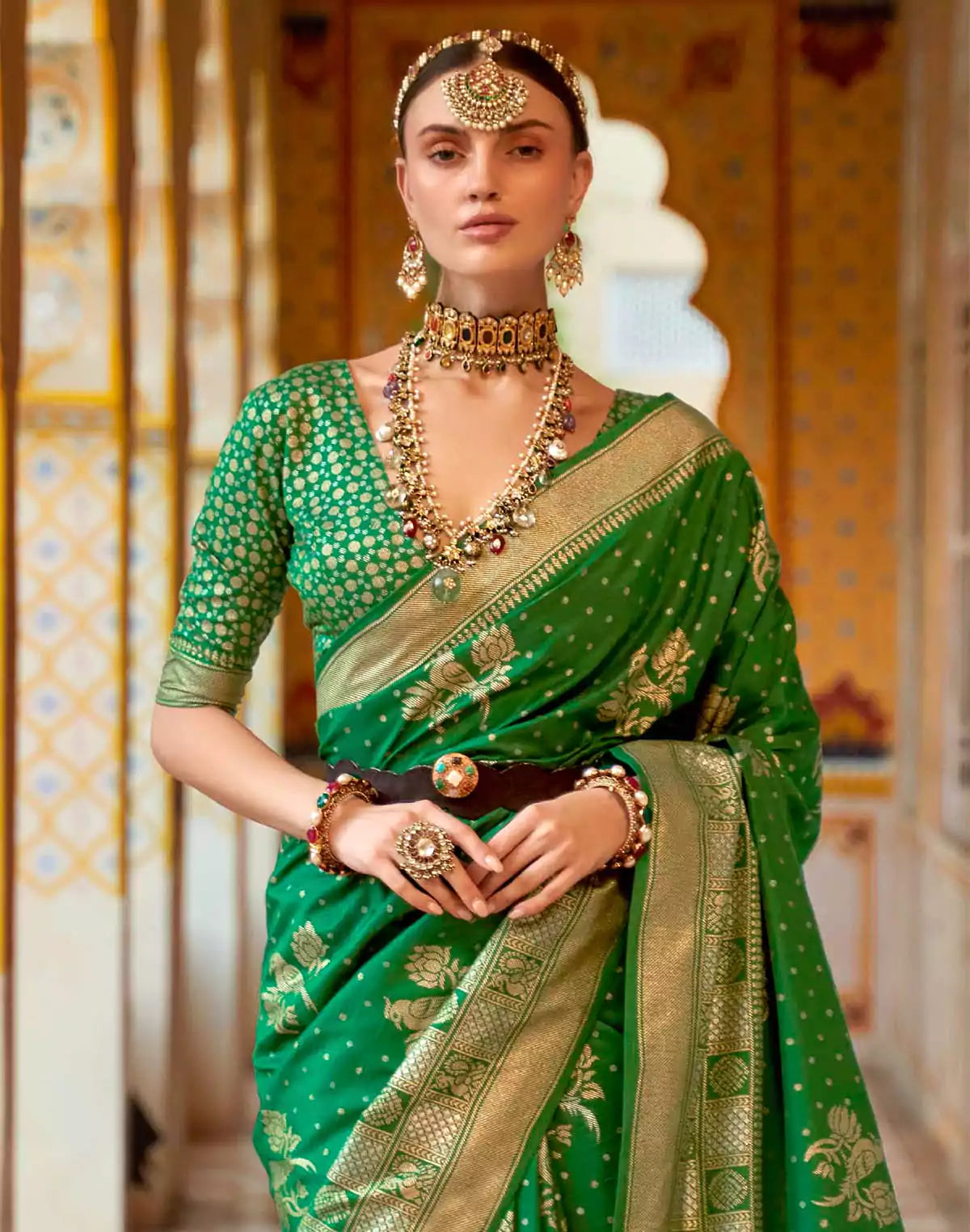 Image of Green Coloured Smooth Banaras Silk Woven design Saree