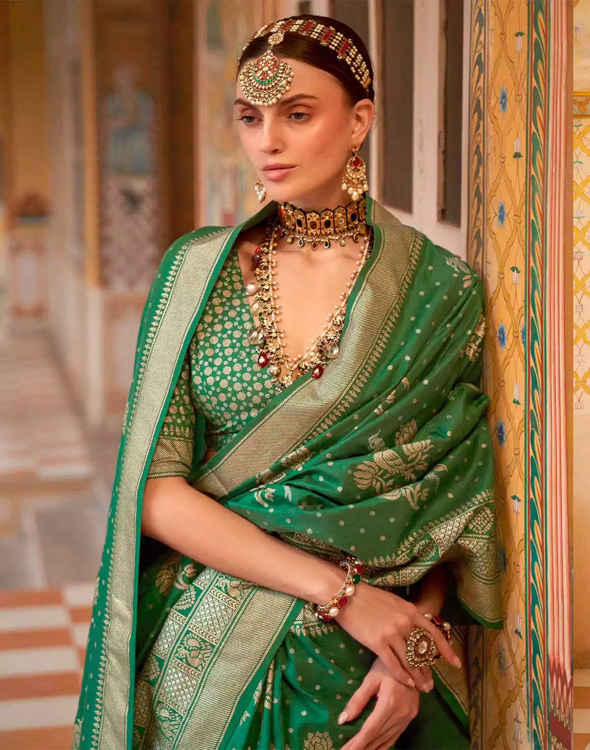 Image of Green Coloured Smooth Banaras Silk Woven design Saree