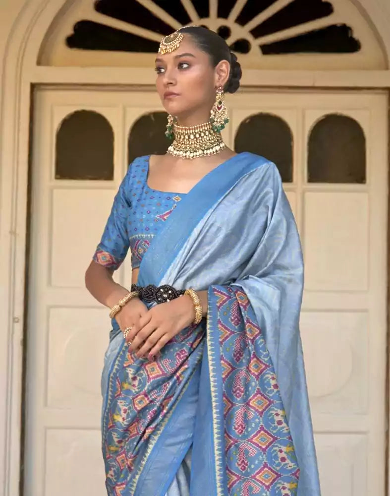 Image of Light Blue Bandhini Print Patola Saree