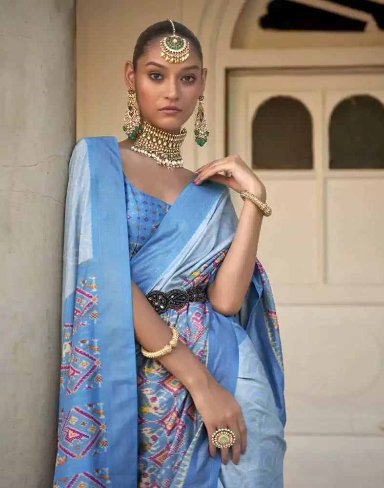 Image of Light Blue Bandhini Print Patola Saree
