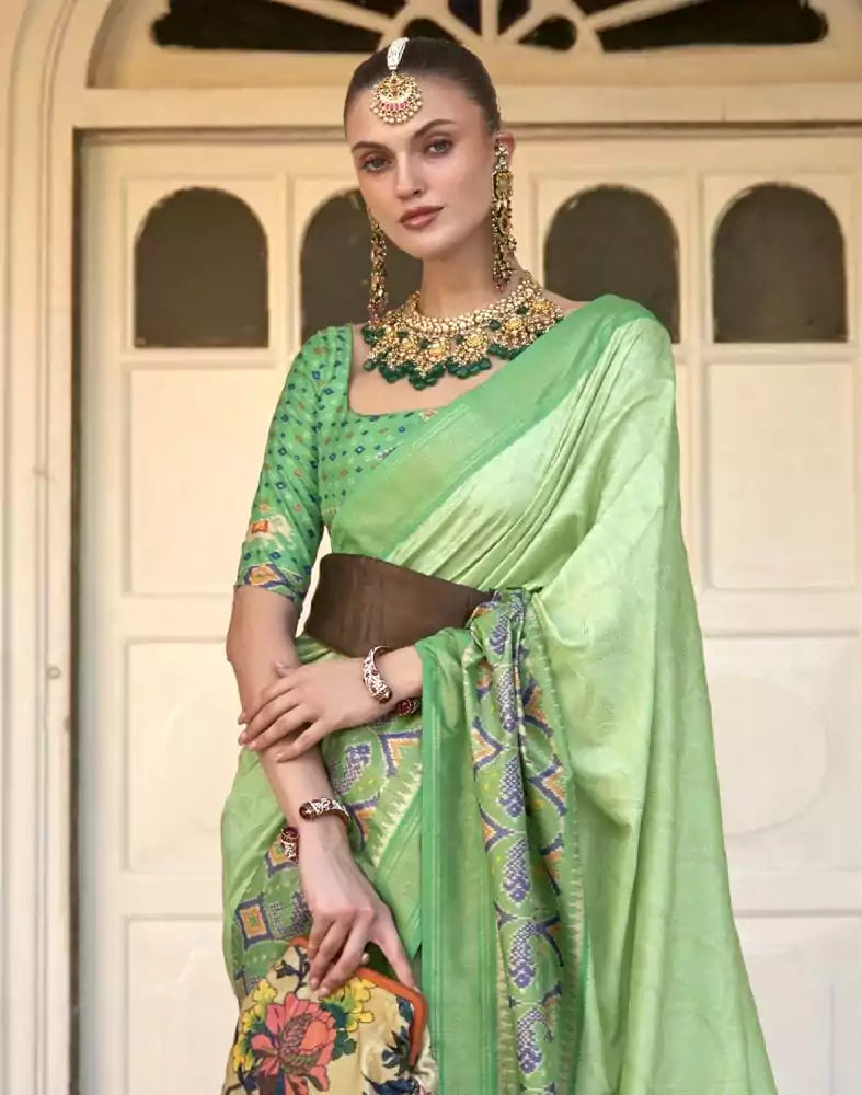 Image of Parrot Green Bandhini Print Patola Saree