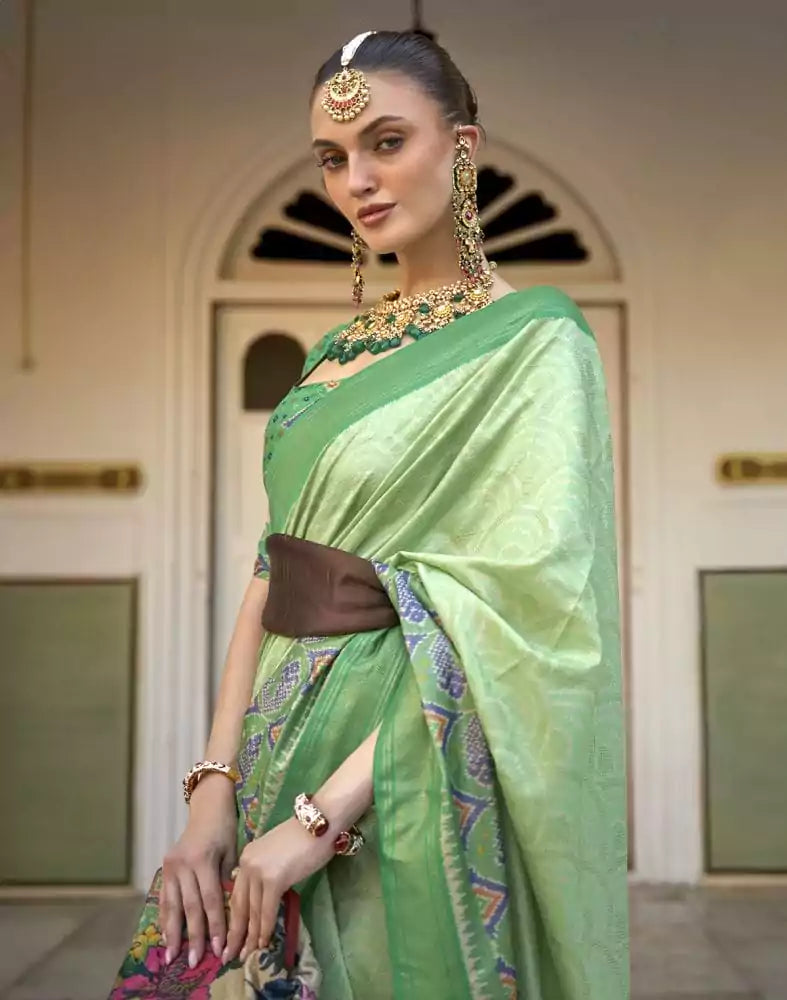 Image of Parrot Green Bandhini Print Patola Saree