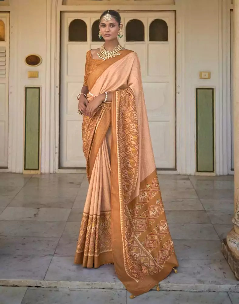 Image of Light Orange Bandhini Print Patola Saree