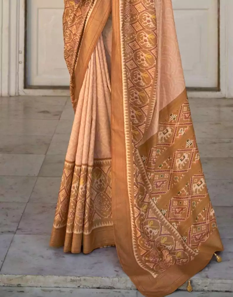 Image of Light Orange Bandhini Print Patola Saree
