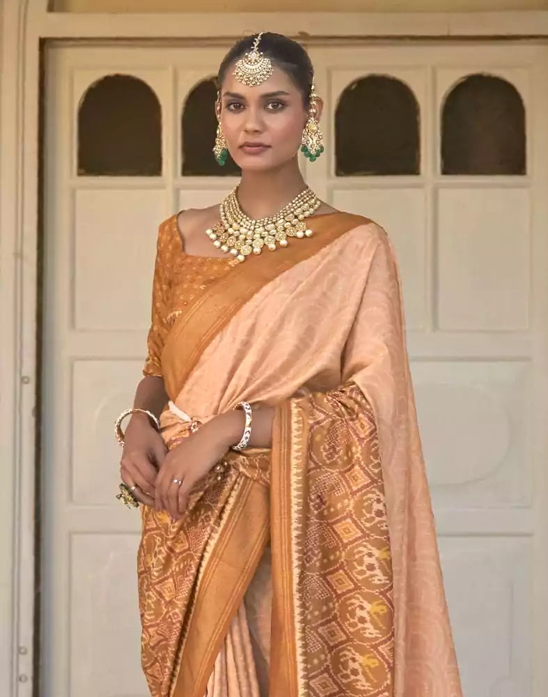 Image of Light Orange Bandhini Print Patola Saree