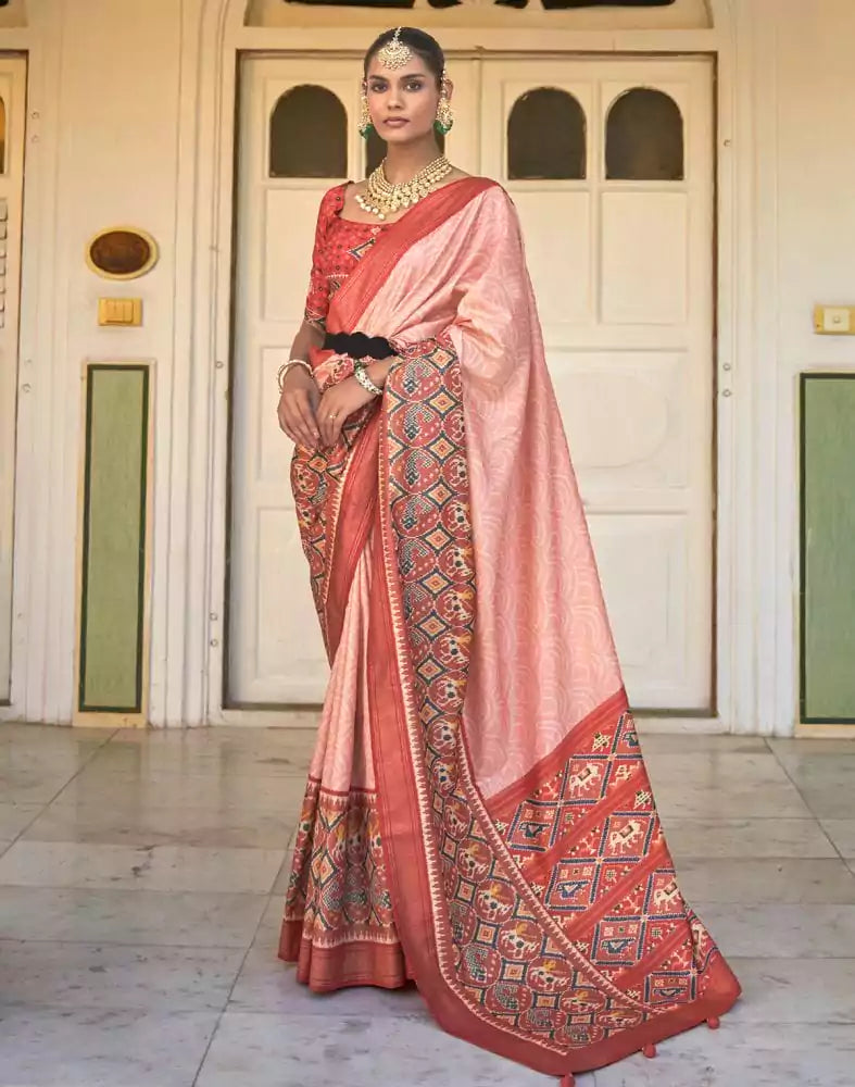 Image of Peach Bandhini Print Patola Saree