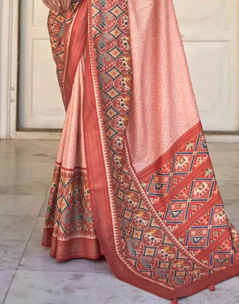 Image of Peach Bandhini Print Patola Saree