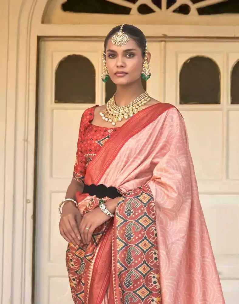 Image of Peach Bandhini Print Patola Saree
