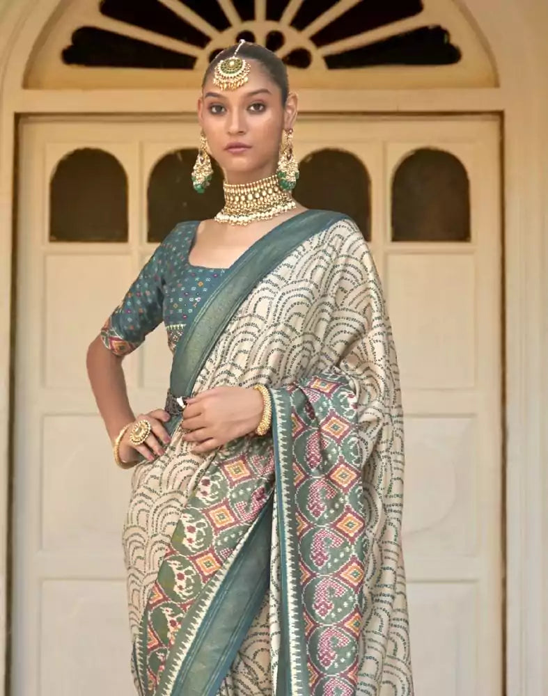 Image of Bandhini Print Beige Coloured Patola Saree