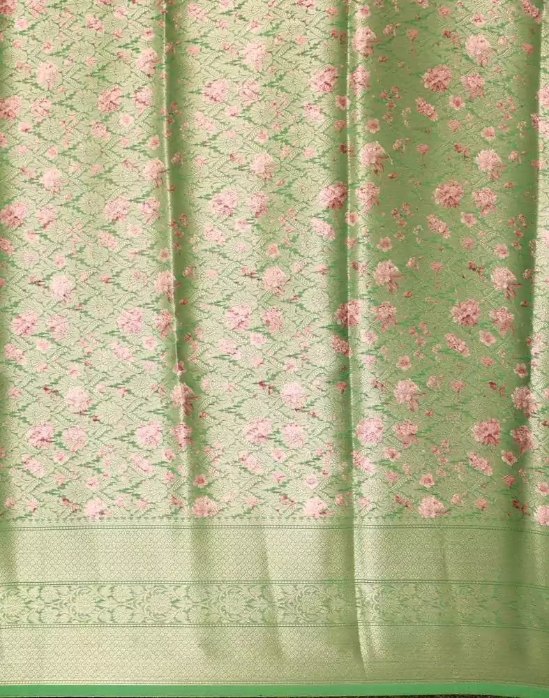 Image of Green Floral Kora Tissue Saree
