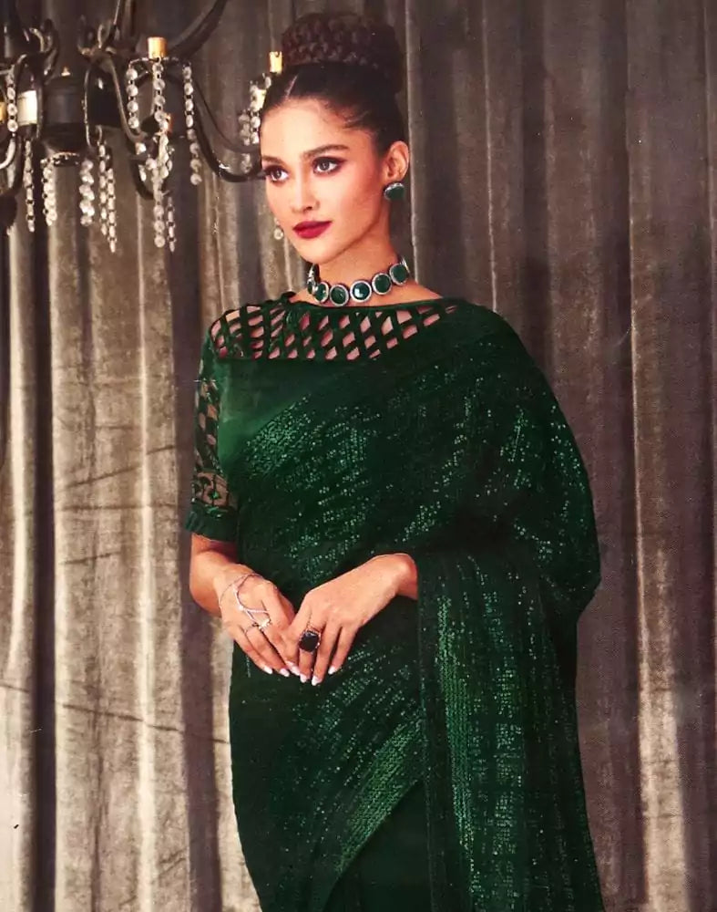 Image of Dark Green Striped Sequence work Semi Georgette Saree