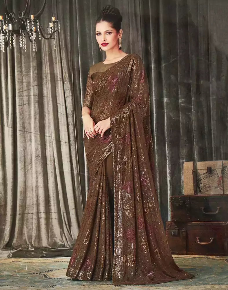Image of Brown Striped Sequence work Semi Georgette Saree