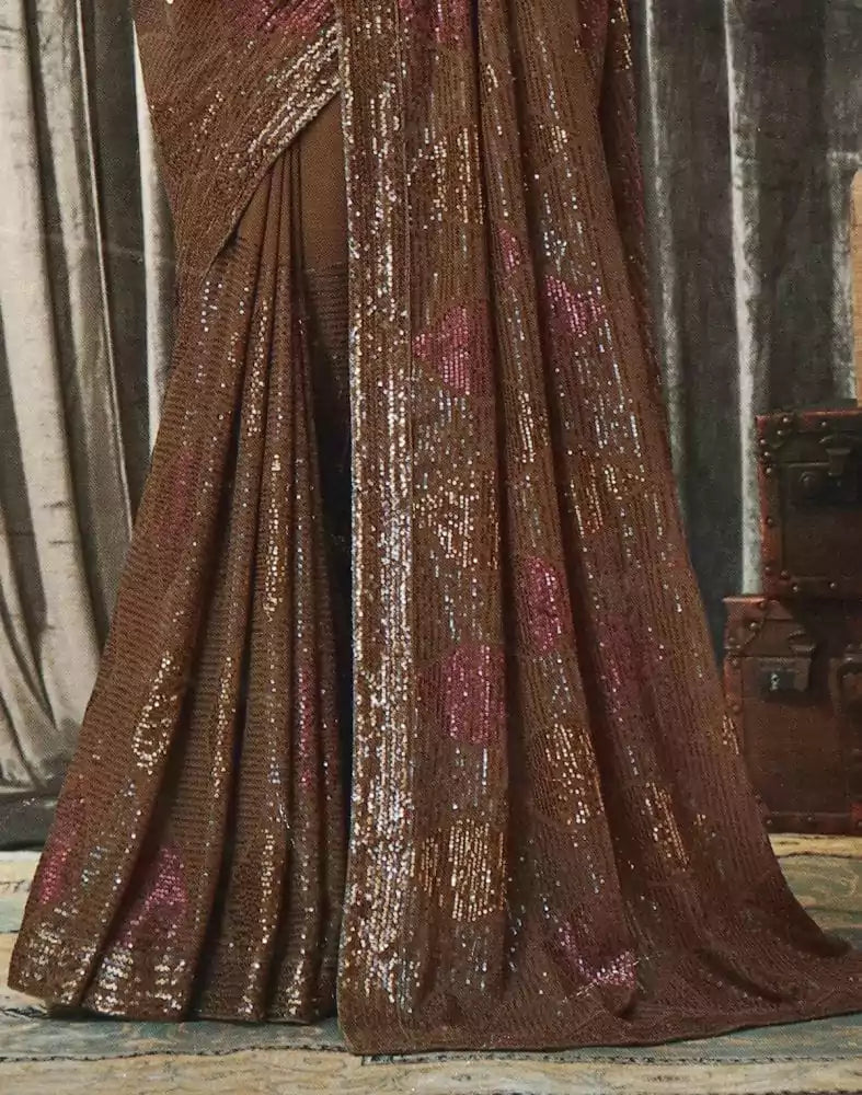 Image of Brown Striped Sequence work Semi Georgette Saree