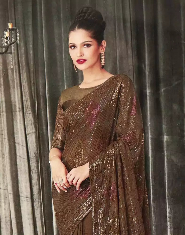 Image of Brown Striped Sequence work Semi Georgette Saree