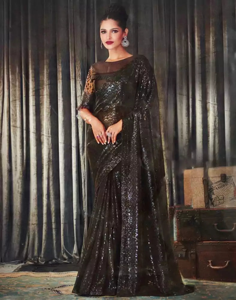 Image of Dark Grey Striped Sequence work Semi Georgette Saree