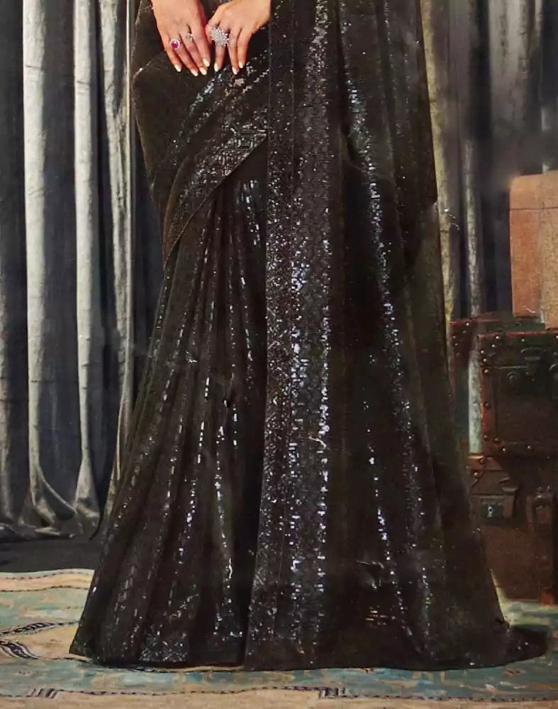 Image of Dark Grey Striped Sequence work Semi Georgette Saree