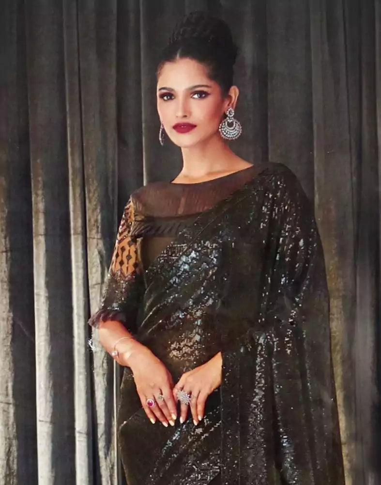 Image of Dark Grey Striped Sequence work Semi Georgette Saree