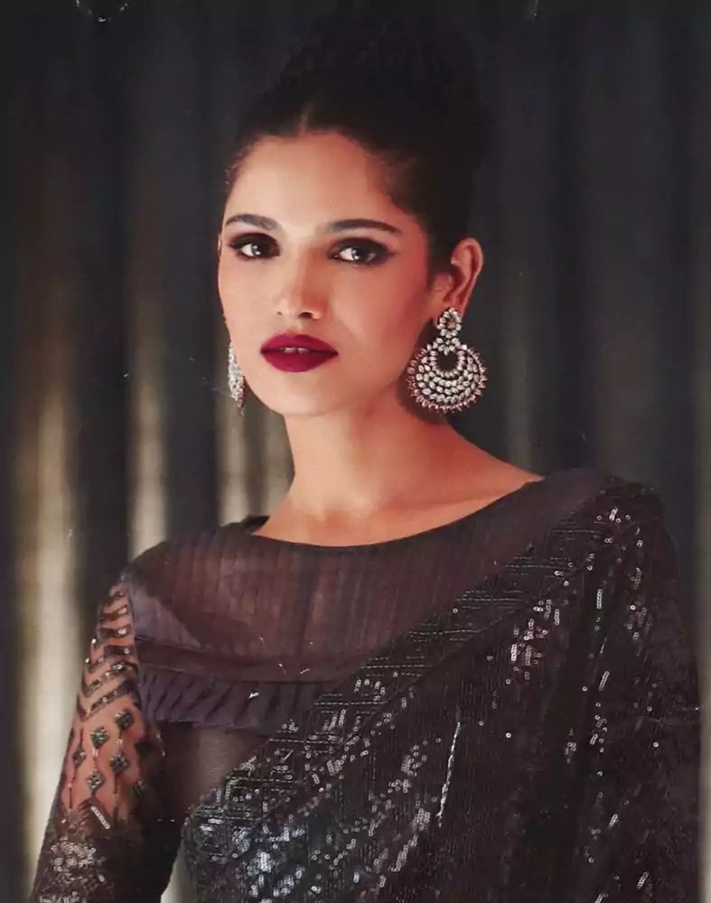 Image of Dark Grey Striped Sequence work Semi Georgette Saree