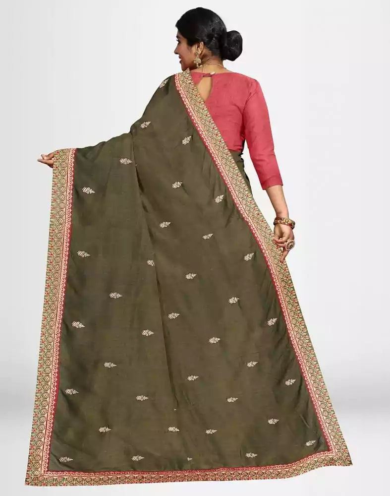 Image of Mehendi Green Floral Embroidery work Raw Silk Saree