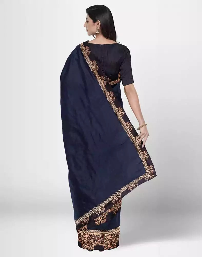 Image of Navy Blue Coloured Plain Satin Saree