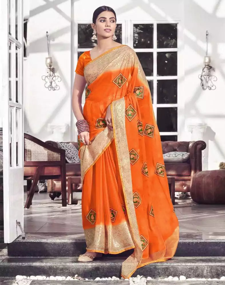 Image of Orange Plain Chiffon Embroidery Saree