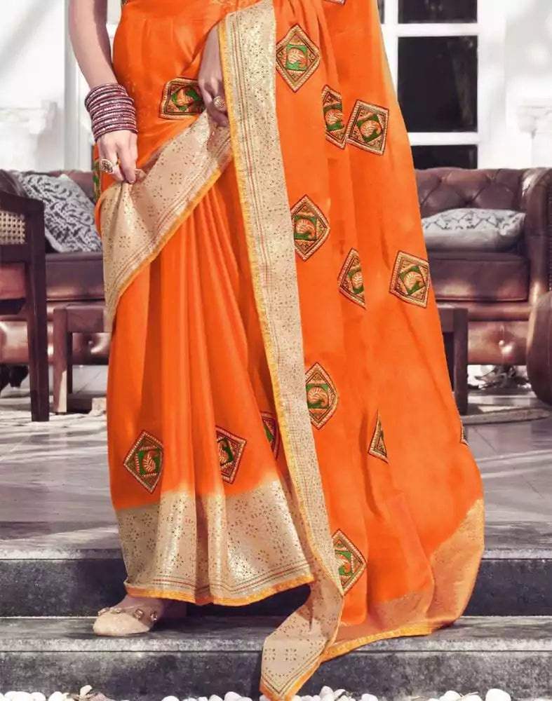 Image of Orange Plain Chiffon Embroidery Saree