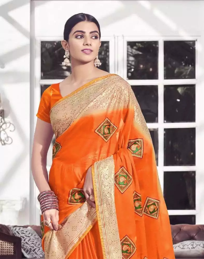 Image of Orange Plain Chiffon Embroidery Saree