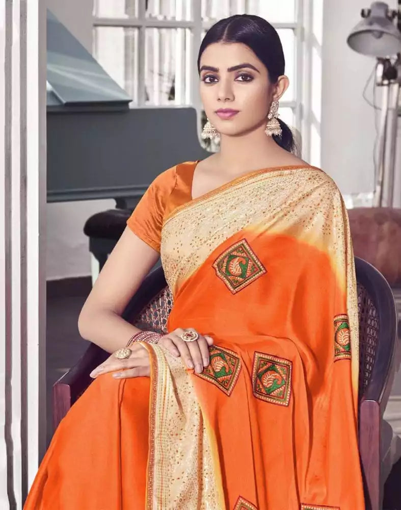 Image of Orange Plain Chiffon Embroidery Saree