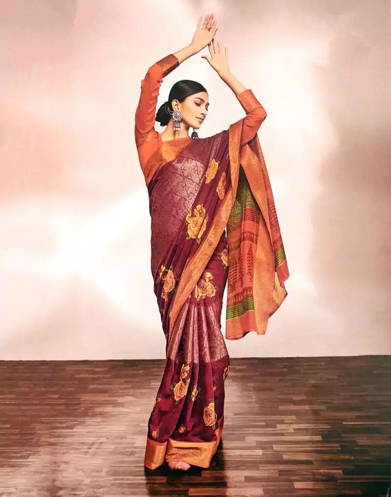 Image of Maroon Floral Print Cotton Silk Saree