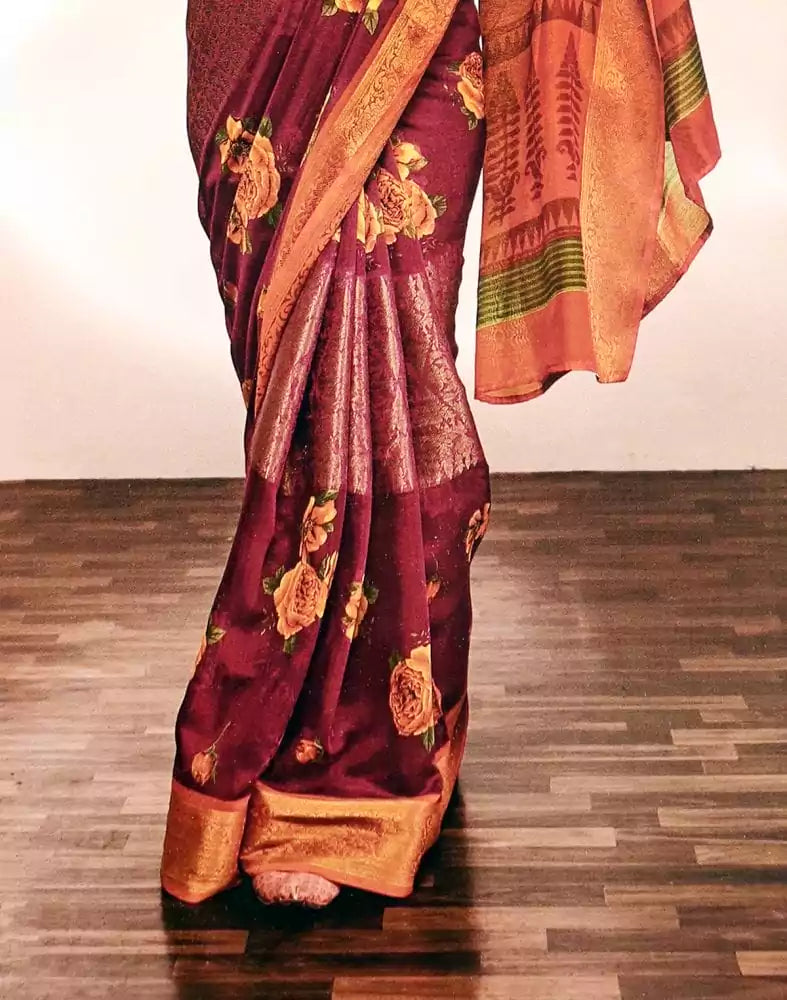 Image of Maroon Floral Print Cotton Silk Saree