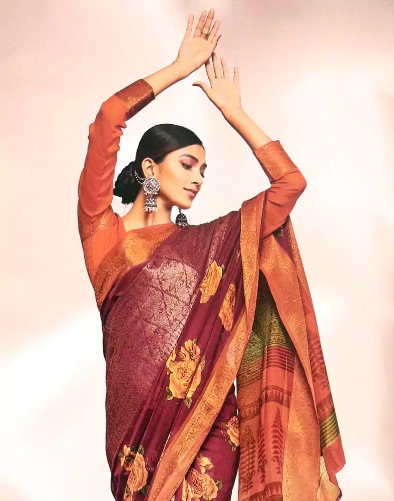 Image of Maroon Floral Print Cotton Silk Saree