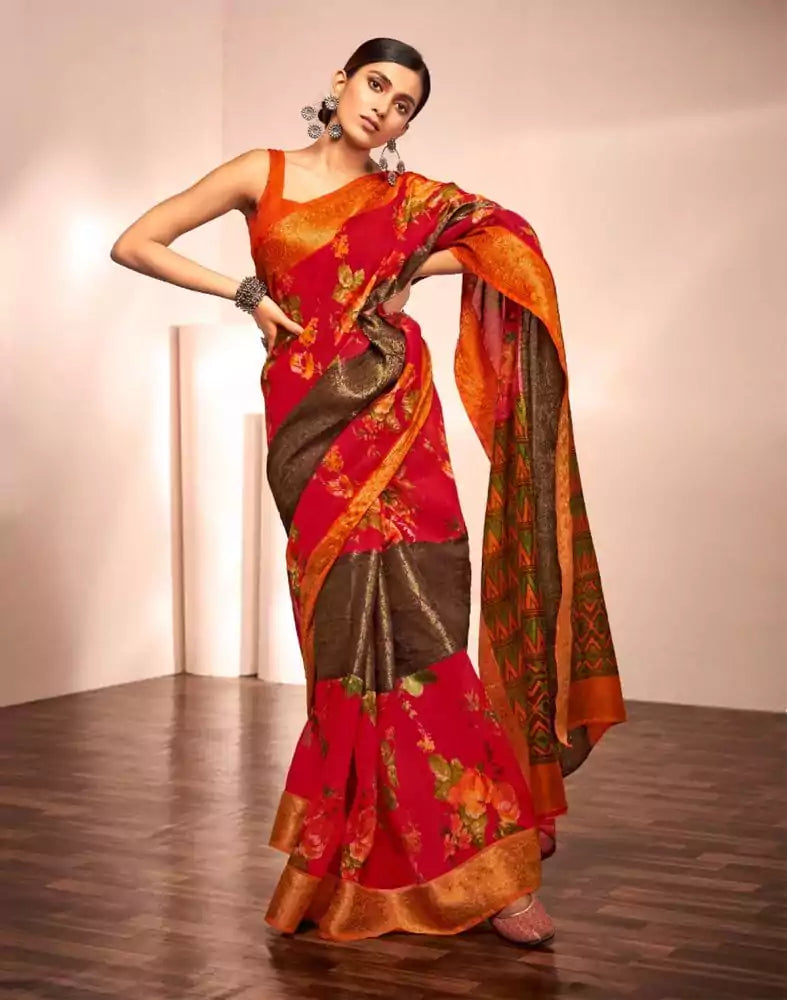 Image of Red Floral Pattern Print Cotton Silk Saree