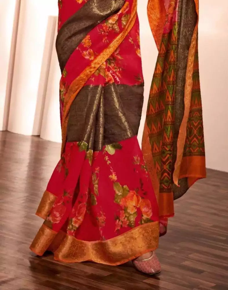 Image of Red Floral Pattern Print Cotton Silk Saree