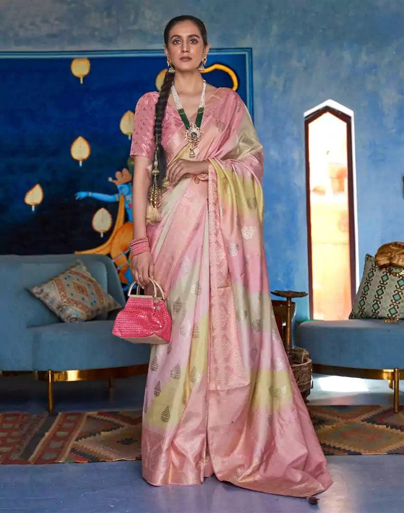 Image of Light Pink Ethnic Motifs Banaras Silk Patola Saree