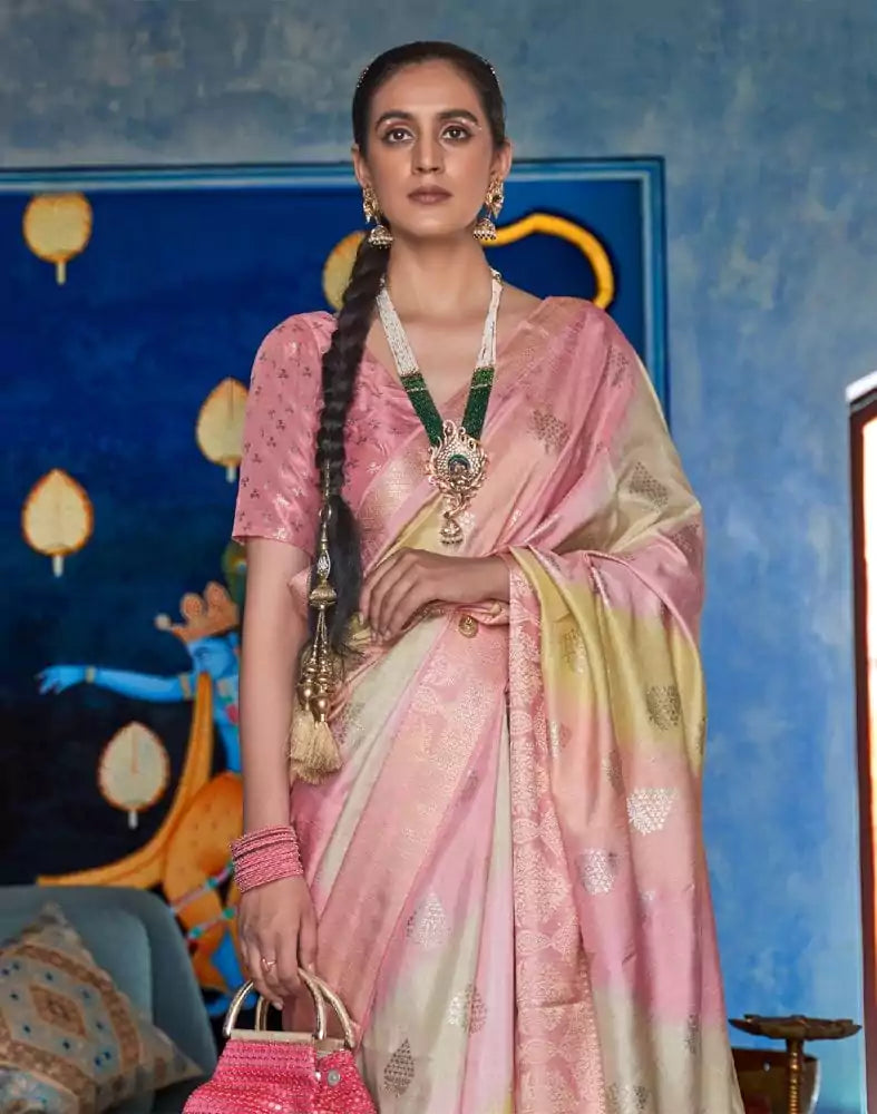 Image of Light Pink Ethnic Motifs Banaras Silk Patola Saree