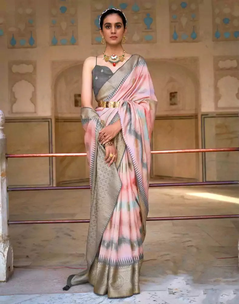 Image of Peach Stripes Print Banaras Silk Patola Saree