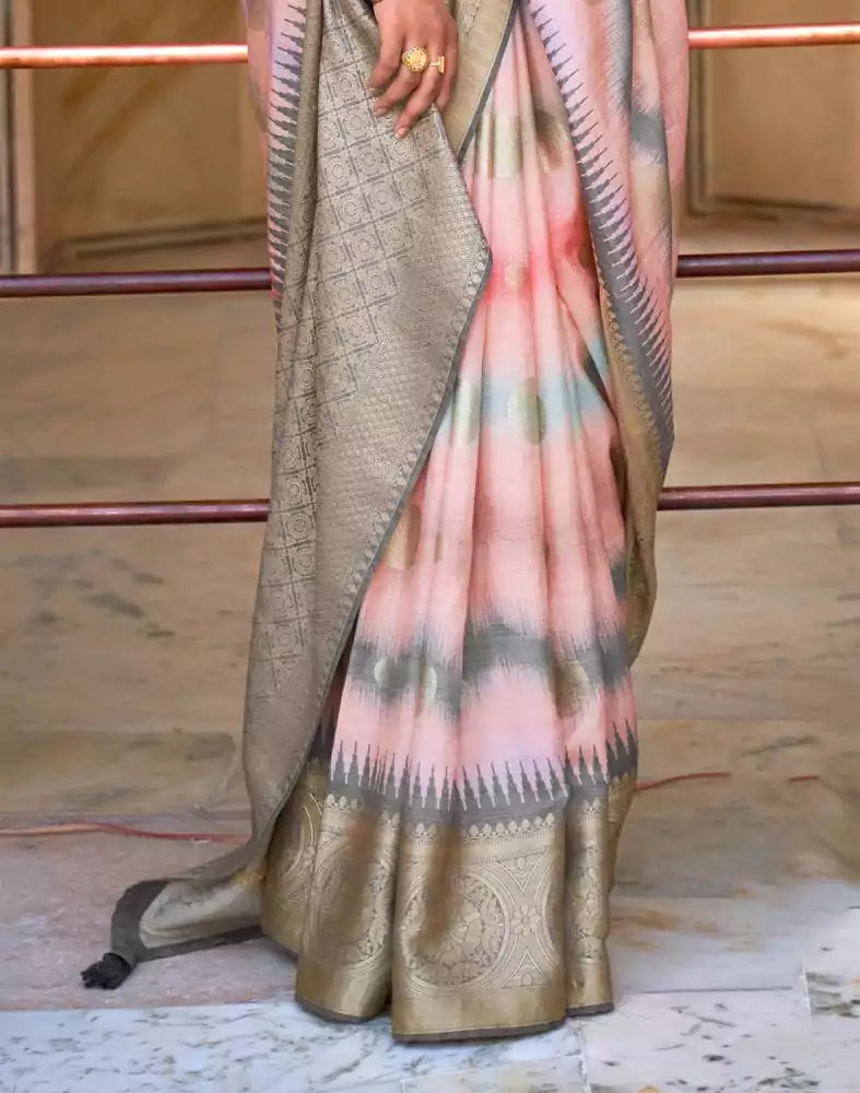 Image of Peach Stripes Print Banaras Silk Patola Saree