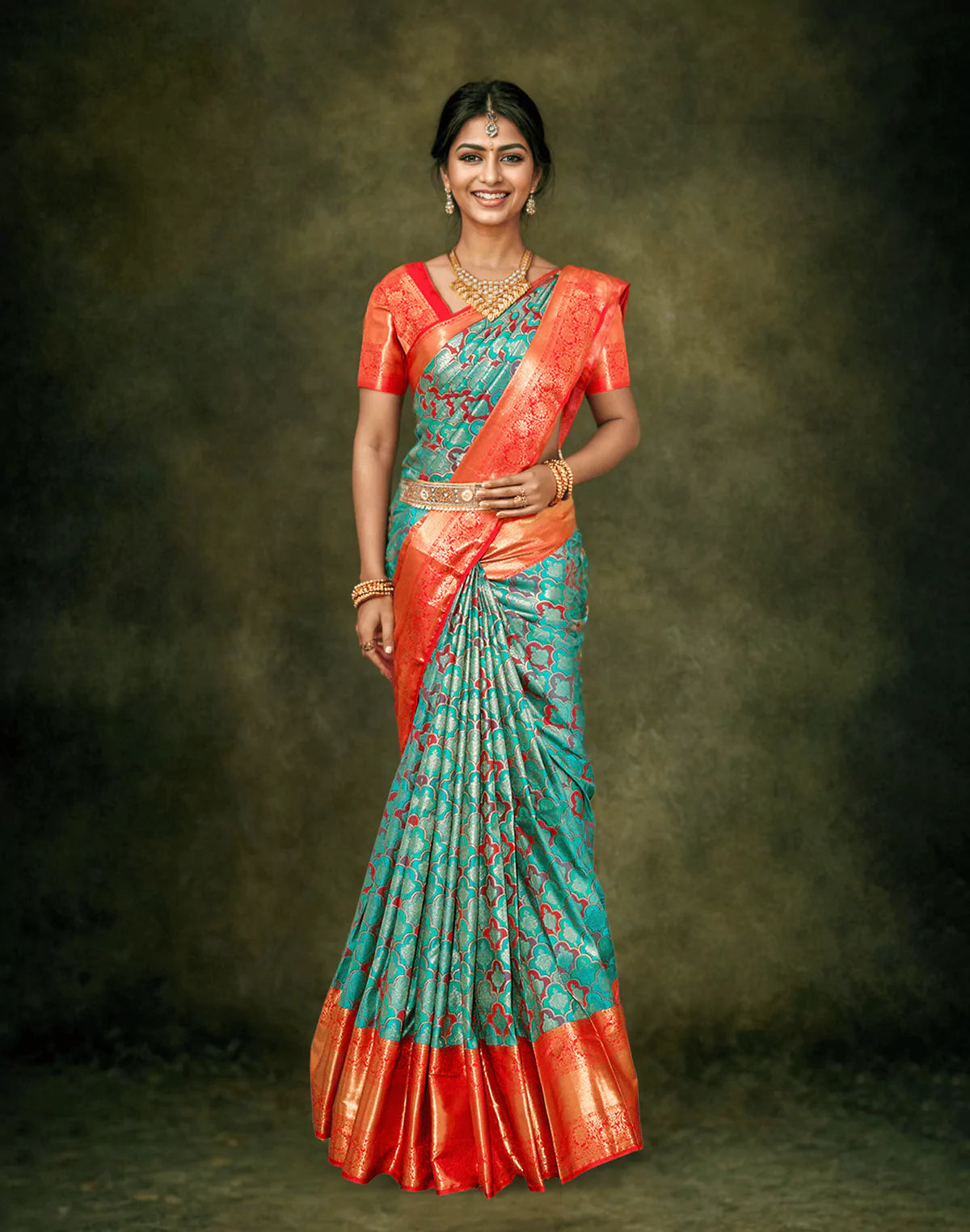 Image of Green and Red Meenakari skut Border Kanchi Saree