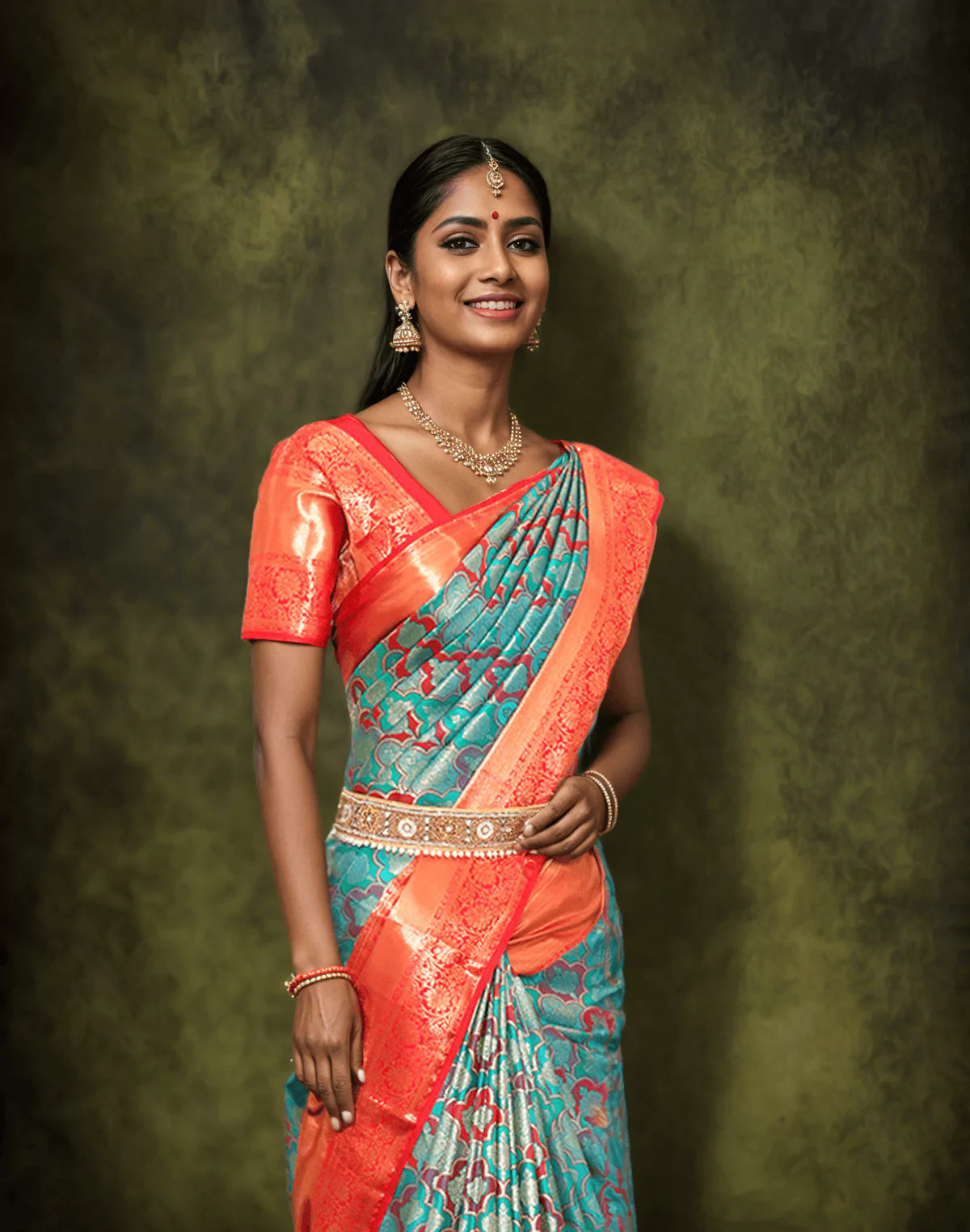 Image of Green and Red Meenakari skut Border Kanchi Saree